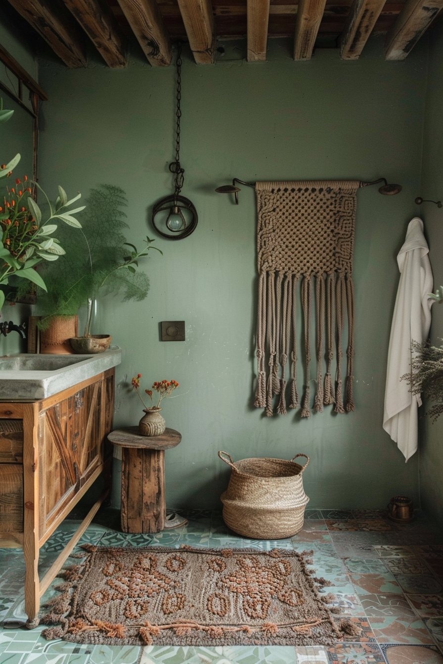 Boho bathroom. Sage green aesthetic with brown macramé wall hanging.