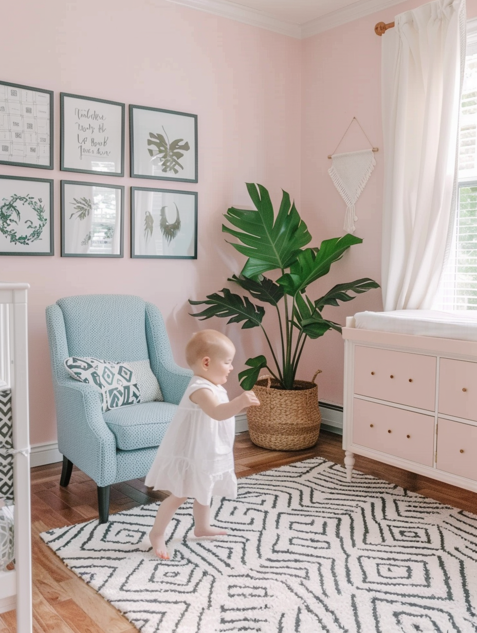 Modern pink nursery. Soft pink wall with abstract Empty blue patterned armchair dominates the window wall. Sheer white curtains flow from a matte black curtain rod. Monochrome geometric print rug shapes the wooden floor. Pale wooden crib places beside chest of drawers with tjejersthemes handles. Artistic black and white photo gallery put on wall to right. A large ornamental Monstera plant flavors tin a woven basket in the corner.