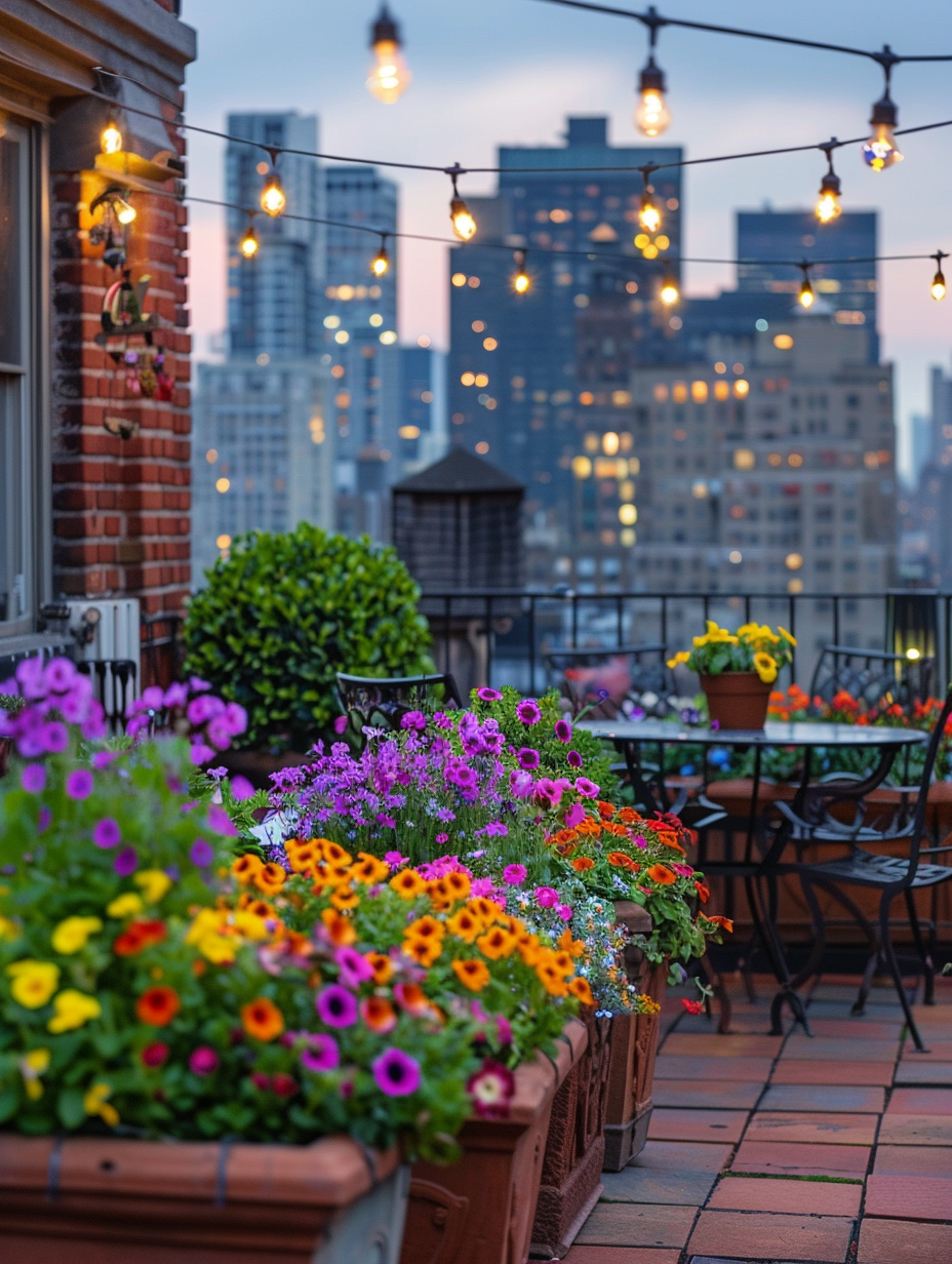 Full view of a small and beautiful urban rooftop. Rectangular garden planters filled with dazzling multicolored petunias, lined up against smooth, red brick walls under the warm light of string fairy lights zigzagging overhead. An antique wrought-iron table with matching chairs in the background, surrounded by sprouting plant pots. The sleek steel grill still cooling off from the rooftop barbecue, as glowing city skyscrapers peep from the distant horizon under a paint-brush stroked pink, and periwinkle dusk sky.