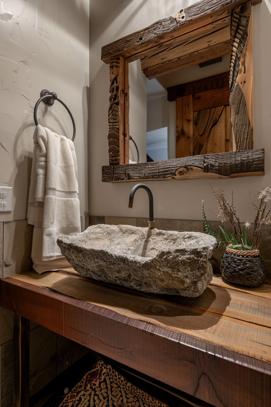 Boho Bathroom. Wooden vanity with a stone sink and woven mirror frame.