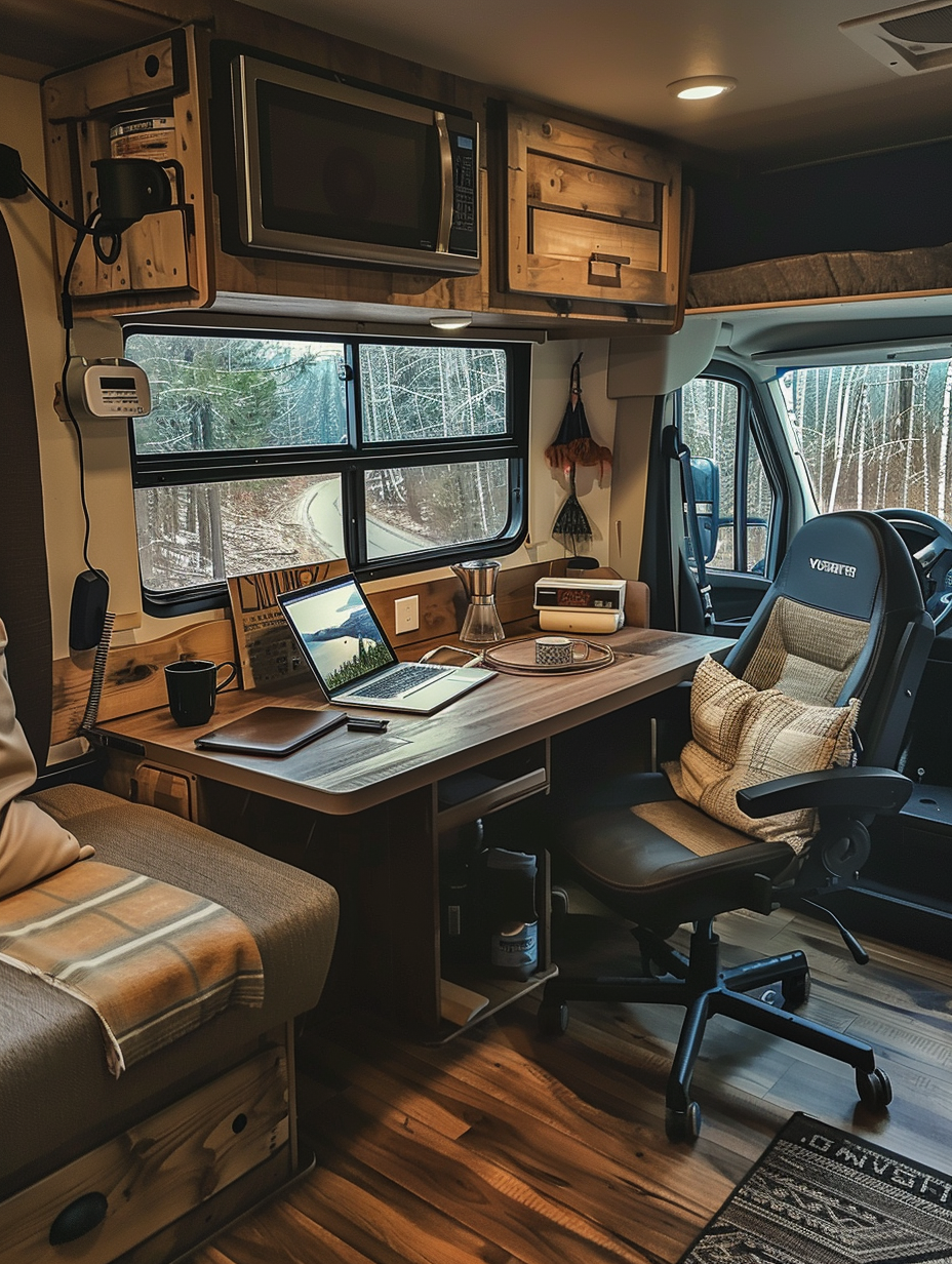 Interior view of an RV. Wood panel floor, drop-leaf desk with ergonomic chair, open laptop, wireless router tucked in one corner, pot of hot coffee, slide-out recliner, compact 360-degree adjustable multi-light source lamp.