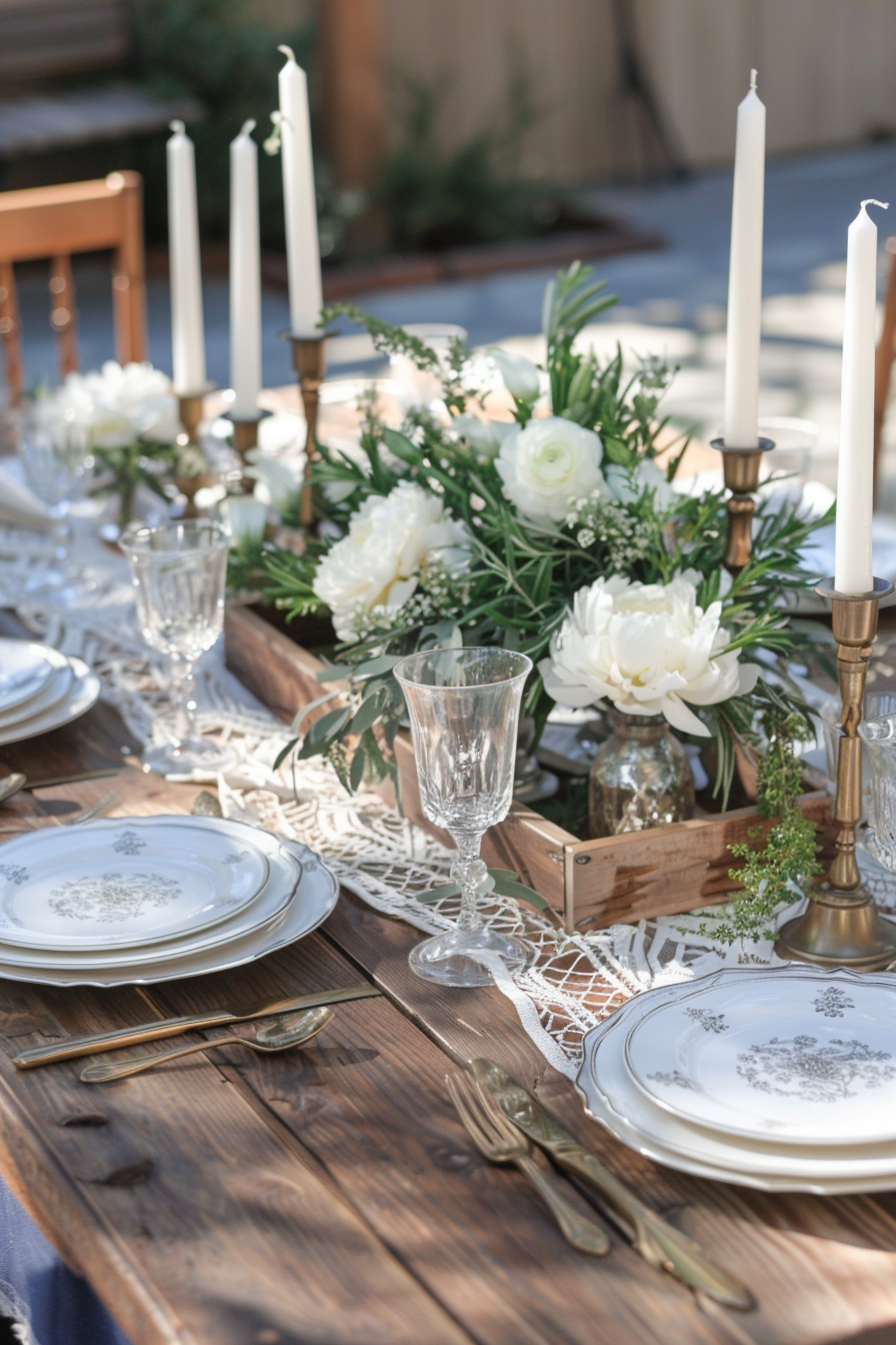 Backyard dinner party table decor. Rustic wooden table with white lace table runner, ivory china set, silver cutlery, and crystal glassware. White pillar candles in brass holders. Natural woven placemats and navy cloth napkins garnished with sprigs of fresh rosemary. Center focal point, a durable wooden farmhouse centerpiece box filled with silvery dusty miller foliage and soft blush peonies.