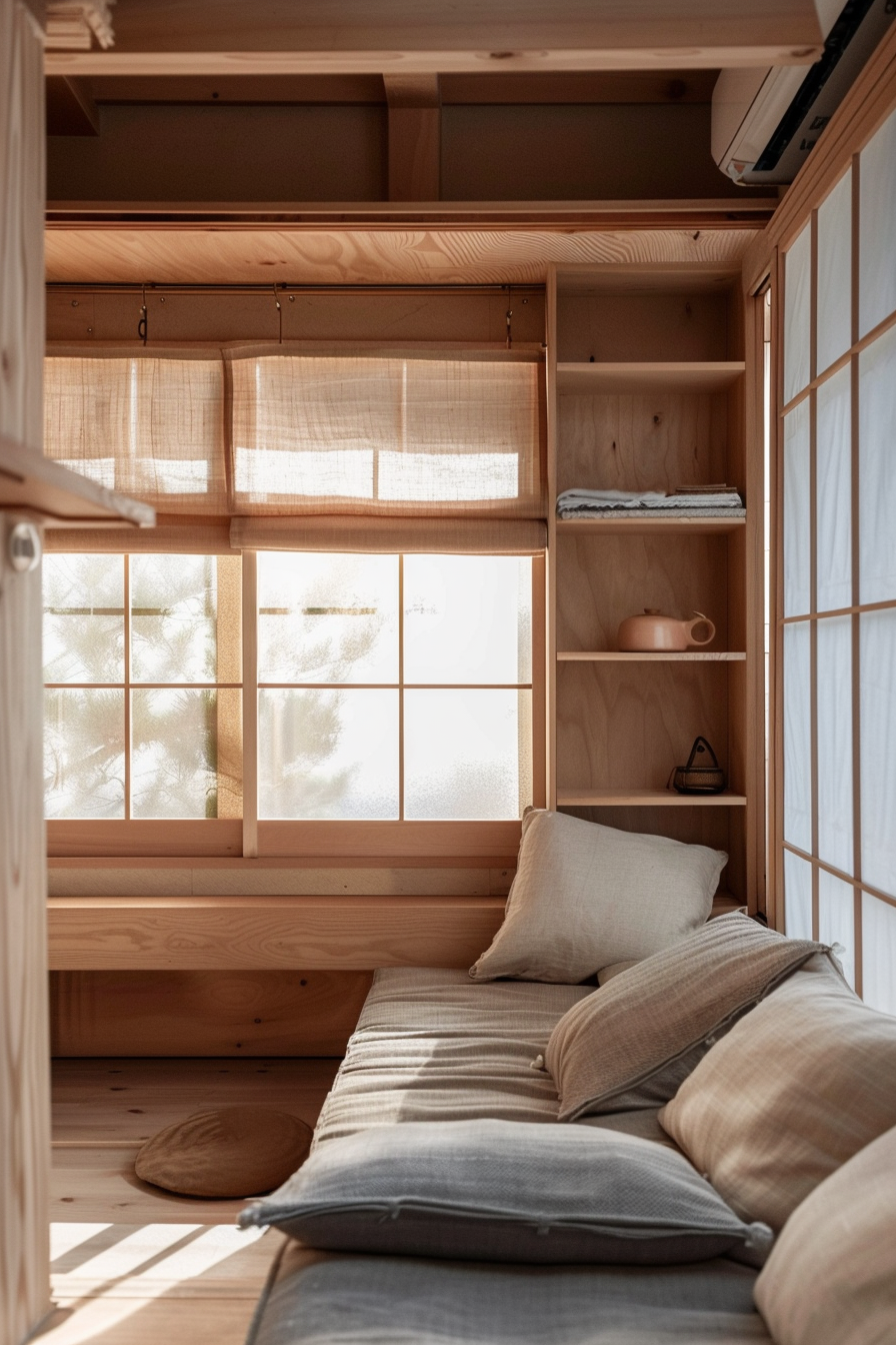 Interior of Japanese tiny house. Sliding shoji screens and minimalistic konmari furniture.