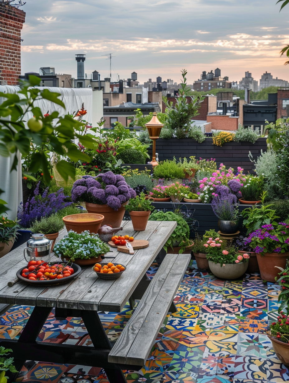 Small and beautiful Urban Rooftop. Kaleidoscope of colorful tile mosaics covering the floor, rustic wooden picnic table set with zinc plant pots of lavender and rosemary, surrounded by raised planter clusters of ruby red tomatoes, soft pink lilies, trimmed pine topiary, under a crisp white fabric tentframe. Terracotta bird baths peek beside a copper domed bird feeder from behind bustling hydrangea bushes. Vines creeping over a distressed plank fence towards cloudless horizon reflecting red-orange sunset. Village skyline dotted with charcoal slate roof.