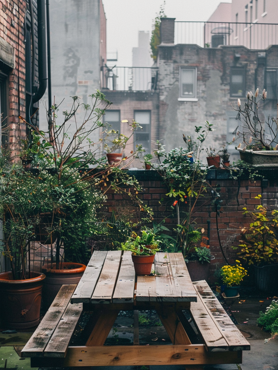 Small and beautiful Urban Rooftop. Arrangement of tiny plants and herbs alongside a cedar wood picnic table at daybreak.