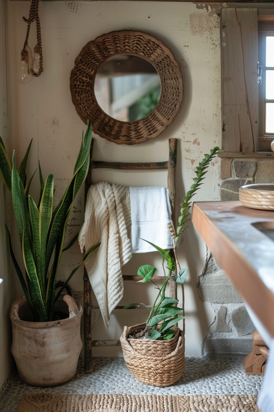 Earthy boho bathroom. Rustic ladder hang with woven towels, surrounded by potted snake plant and a round wooden framed mirror over a worn cobblestone sink.