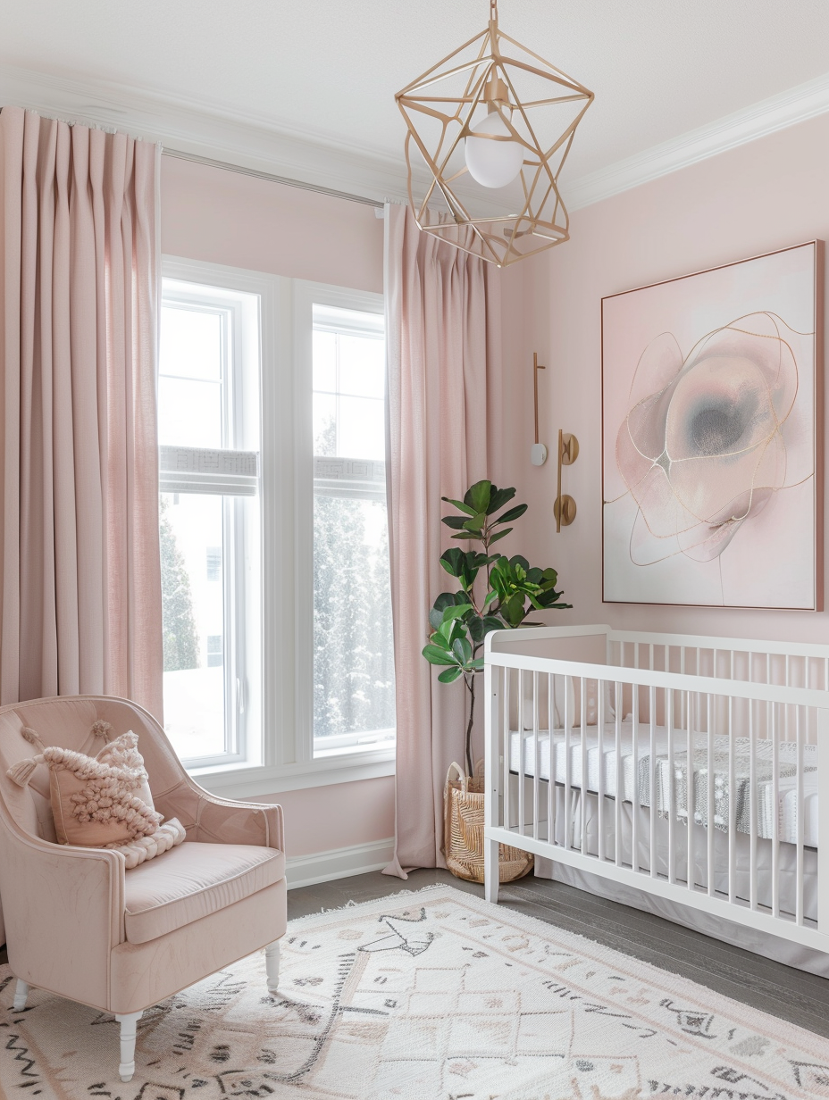 Wide view of Modern Pink Nursery. Pale pink walls with frame-less abstract art, minimalist white baby crib flanked by muted gold geometric pendant lights, floor-to-ceiling curtains in blush, angled ceiling painted soft white, plush gray area rug with tribal pattern, white floorboards and a natural wood rocking chair in corner with a tall ficus tree beside it.