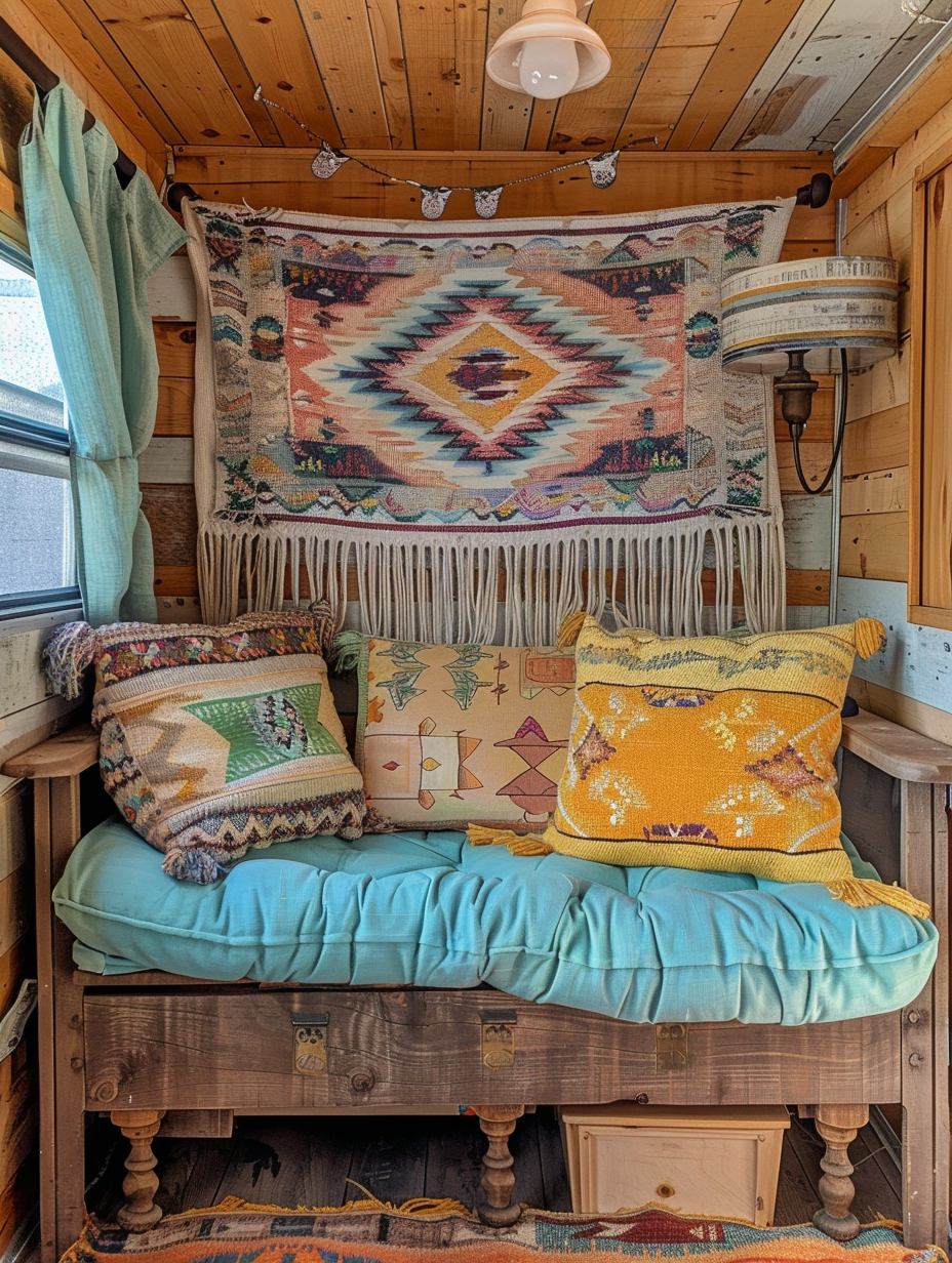 Interior view of a camper designed with Boho style, incorporating a pastel turquoise love seat with an accompanying fluff Aztec-mustered throw, mismatched pastel yellow and sage throw pillows, a small weathered brown wooden furniture with a rustic lamp upon it, and Aztec-designed wall tapestry in analogous hues of peach, pink and lilac on an exposed wooden wall.