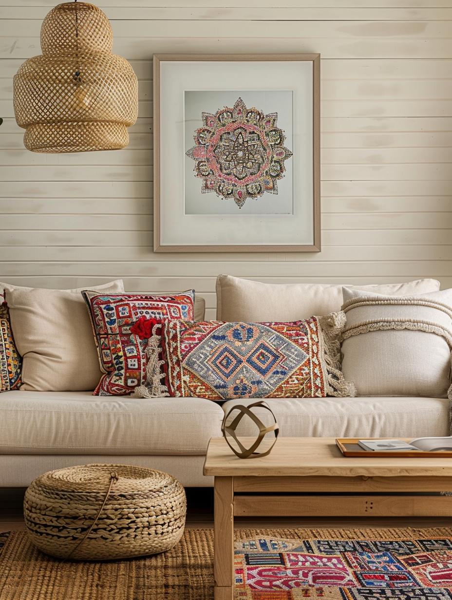 Living room. Neutral-colored fabric sofa with macramé throw pillows, wooden coffee table, natural jute rug, hanging rattan lamp, and colorfully framed geometric mandala artwork.