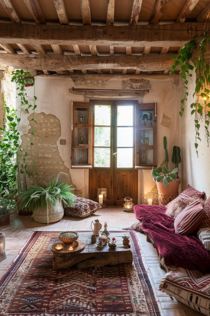 Living room design. Bohemian-style furnishings with exposed wooden beams, oak double french doors, a plush burgundy throw on the chocolate brown woolen rug. A feature wall filled with vertical garden of succulent greenery, pampas grass and crawling ivy for a nature infused backdrop. Essential for a ambient touch, use votive candles clustered in natural wood log candle holders and punctuate the room artistically with oriental pottery in rust and beige hues.