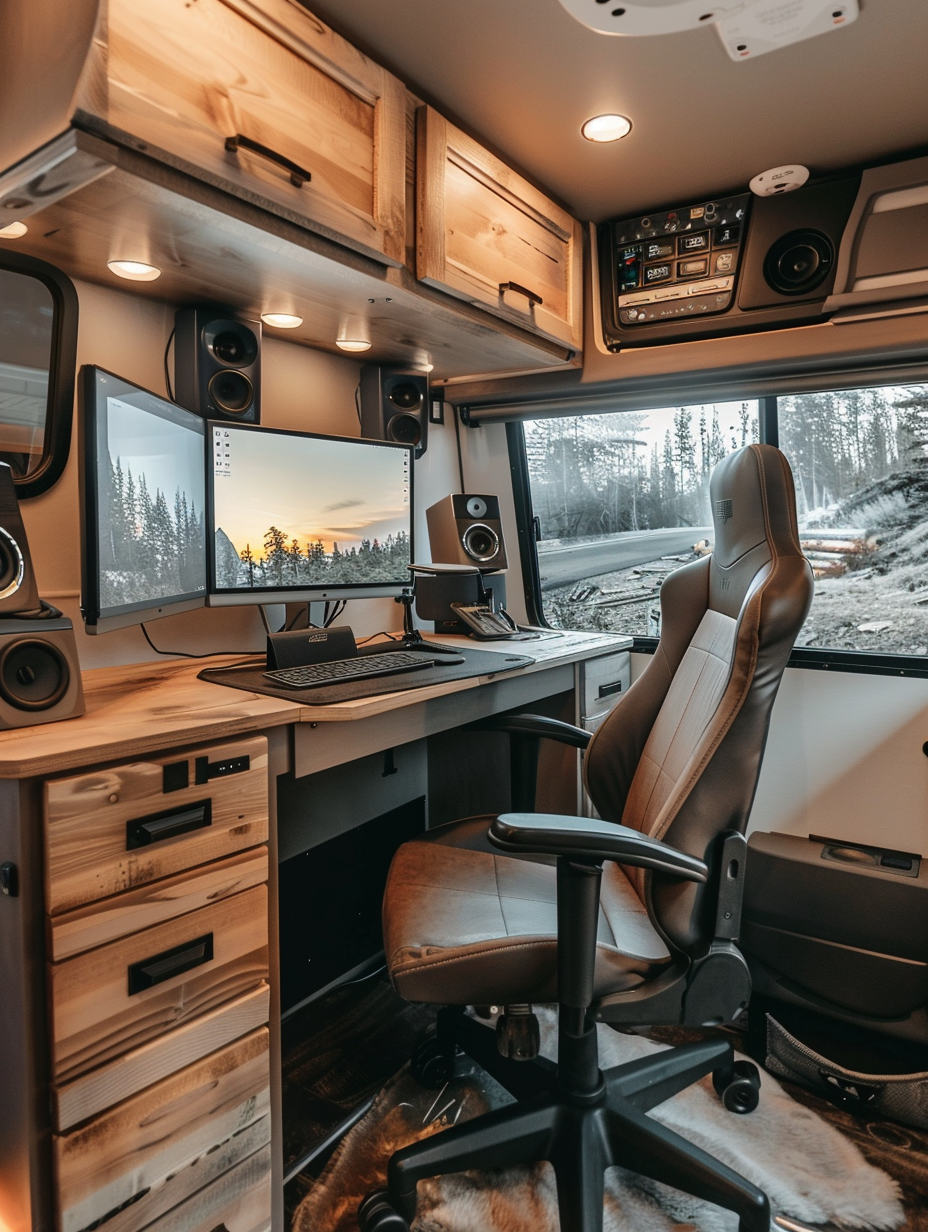 Interior of a remote-working RV. Pull-out desktop with adjustable office chair, dual-monitors, and overhead storage.