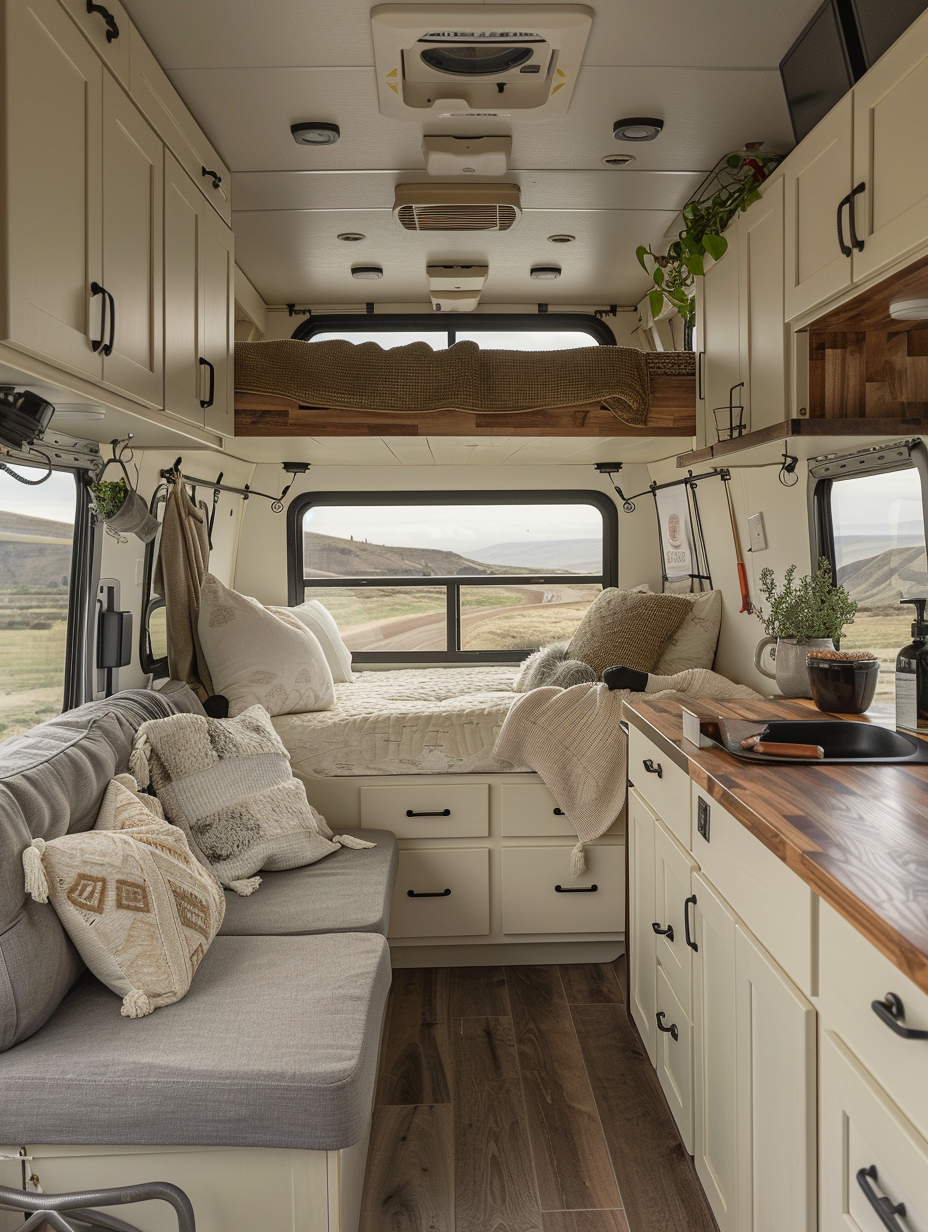 Interior of an RV for remote working and living. Overhead cabinets in cream color providing ample storage space, a compact fold-out desk beside a large picture window, a multifunctional sofa bed underneath a loft bed, kitchen corner with wooden countertop and compact appliances. meiner