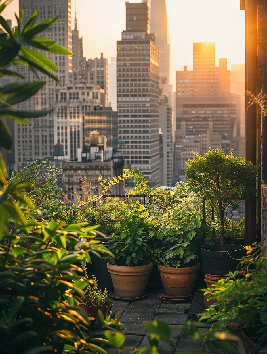 Small and beautiful urban rooftop. Overflowing green potted plants against skyscraper backdrop at sunset.