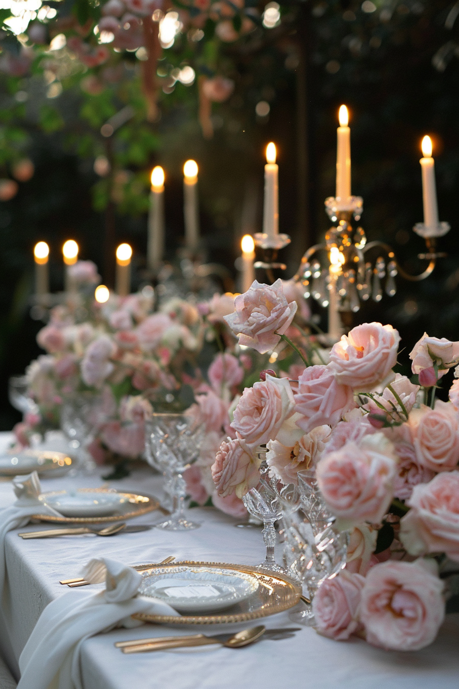 Backyard dinner party table decor. White linen tablecloth, crystal glassware, gold flatware, candelabras, and round clusters of soft pink roses.