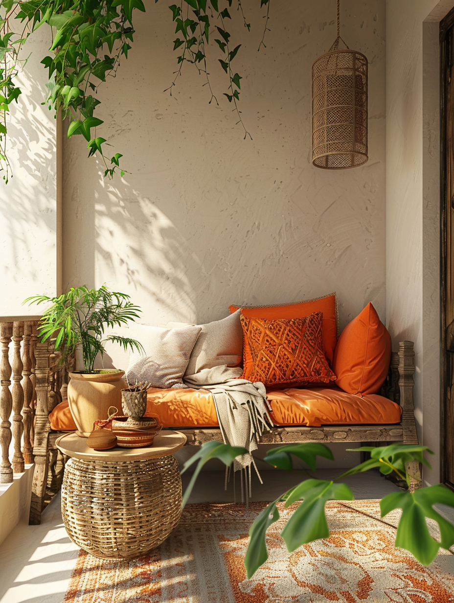 Full view of a small and rustic balcony. Weathered wooden furniture, vibrant orange-hued cushions, rattan-made side table arranged with beige painted walls and hanging pots with green steamy plants against a sunlit backdrop.