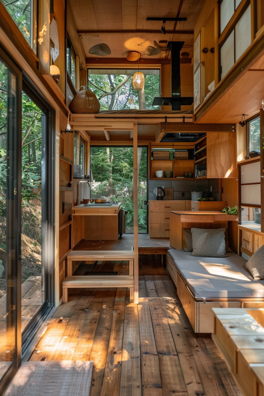 Interior of Japanese tiny house. Minimalist hardwood flooring with nature-inspired decor.