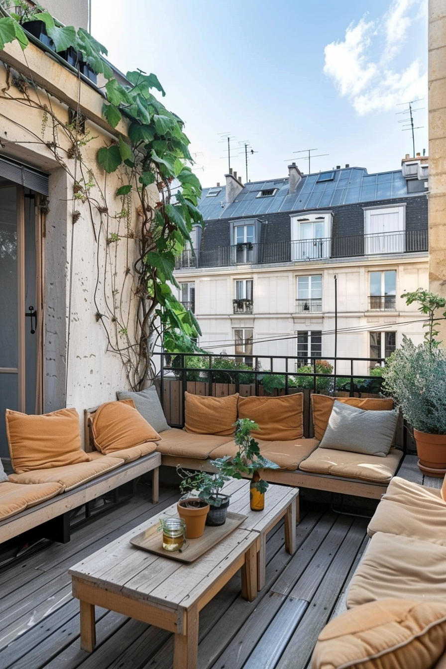 Small urban balcony. Minimalistic wooden furniture with ocher cushions and climbing ivy.