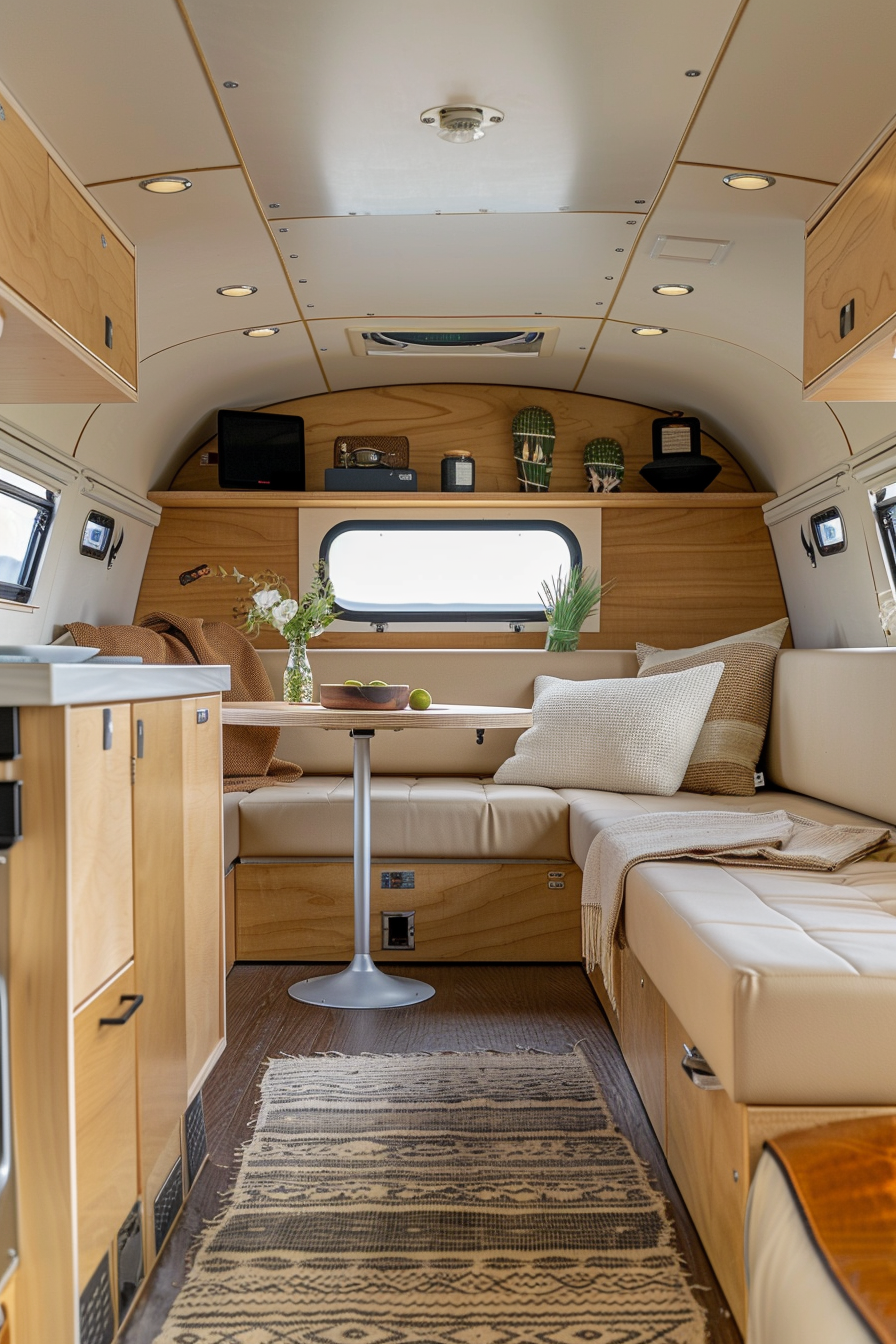 View of a small camper interior. Mid-century modern design with beige leather seats and birch-wood cabinetry.