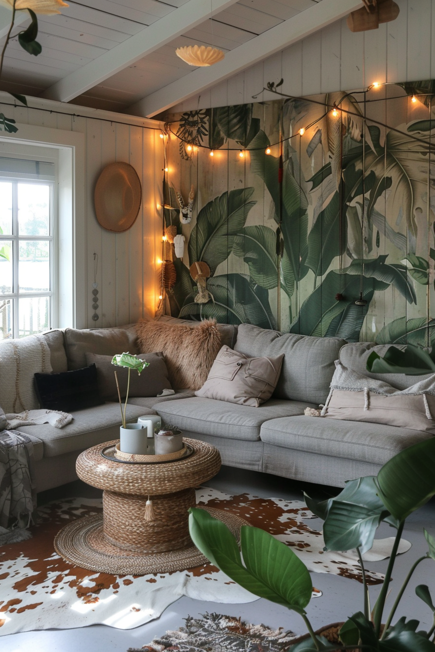 Boho designed Living Room. Cowhide rug, round rattan coffee table, light gray Shepherd's hut 'L' shaped couch, large banana leaf wall installation coupled with string fairy lights.