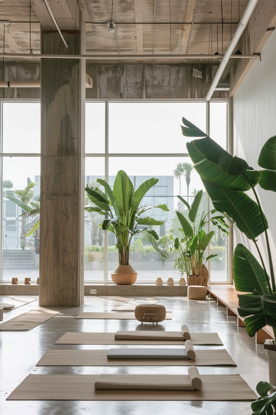 Yoga studio. Minimalist design with earth-toned mats, large exotic indoor plants and floor-to-ceiling windows.