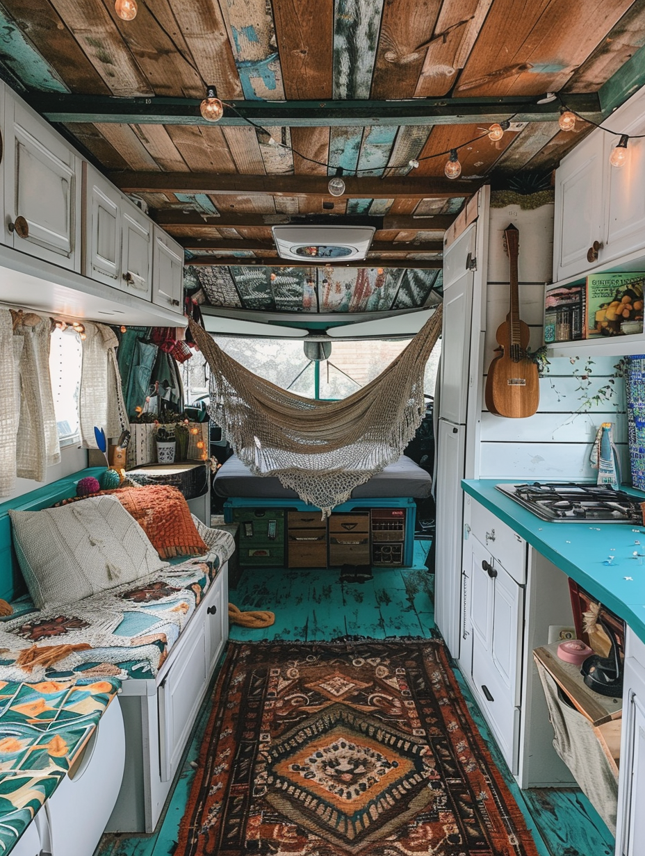 Boho design camper. White painted wood panel walls, hammock hanging in the corner, turquoise linoleum floor, a mosaic-style backsplash in the kitchenette, and overhead fairy lights draped along the exposed wooden ceiling beams.