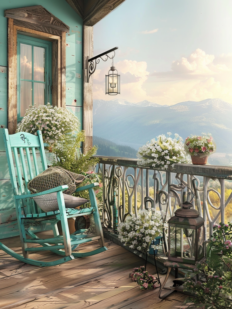 Small and rustic designed balcony. Distressed wooden flooring, vintage turquoise rocking chair, overflowing white potted flowers on the right rail, wrought-iron table, a lantern hung on the wall, and mountains in the far distance under a pastel sky powdered with clouds.