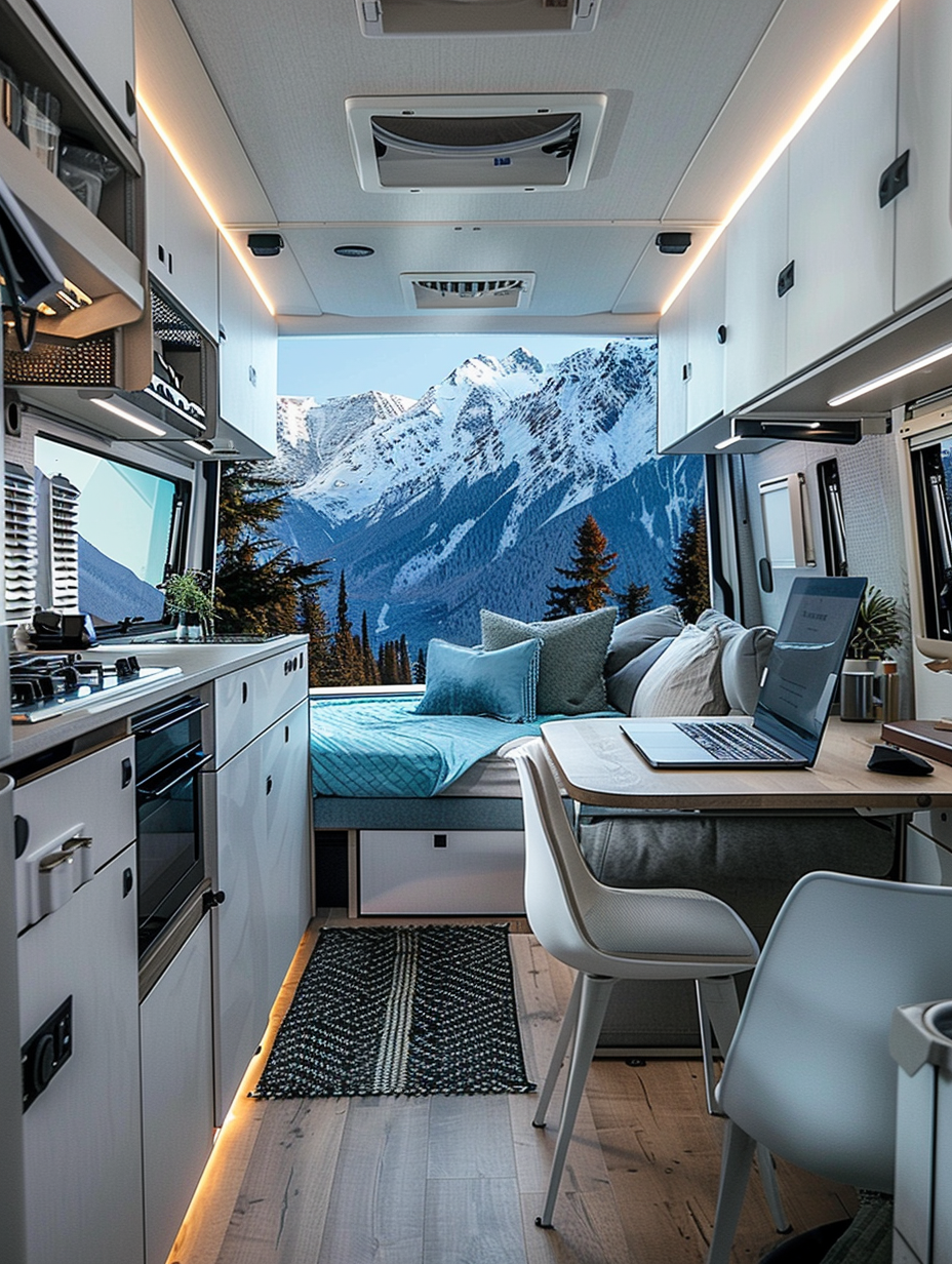 Interior of a remote-working RV. Floor-to-ceiling panoramic window with view of white-capped mountains, compact ergonomic oak workstation with dual monitors and adjustable led light, pull-out queen bed with turquoise linen, minimalistic kitchen counters with aluminum kitchenware, wall-mounted fold-out dining table with white brushed metal bar stools, built-in astroturf floored workout area, crisp white walls adorned with abstract nature art, vault of storage compartments featuring roaming novel collection, eternal black area rug with geometric white pattern.