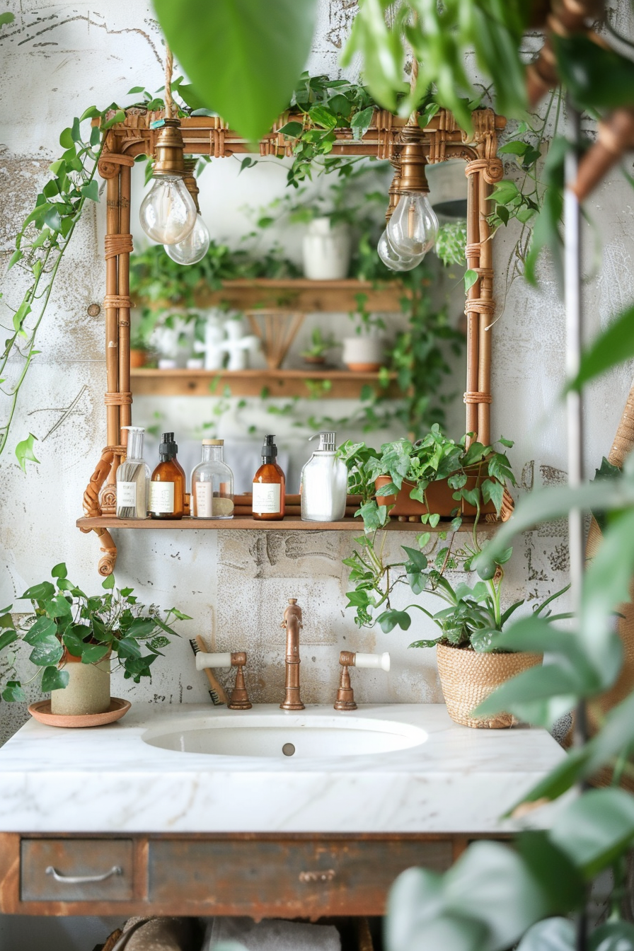 Bathroom in Boho Earthy scheme. A tiered rattan wall shelf brimming with assorted indoor plants, below an antique copper-framed mirror with a driftwood vanity supporting white marble basin sink enlightened by the smoky glass Edison bulb lights.