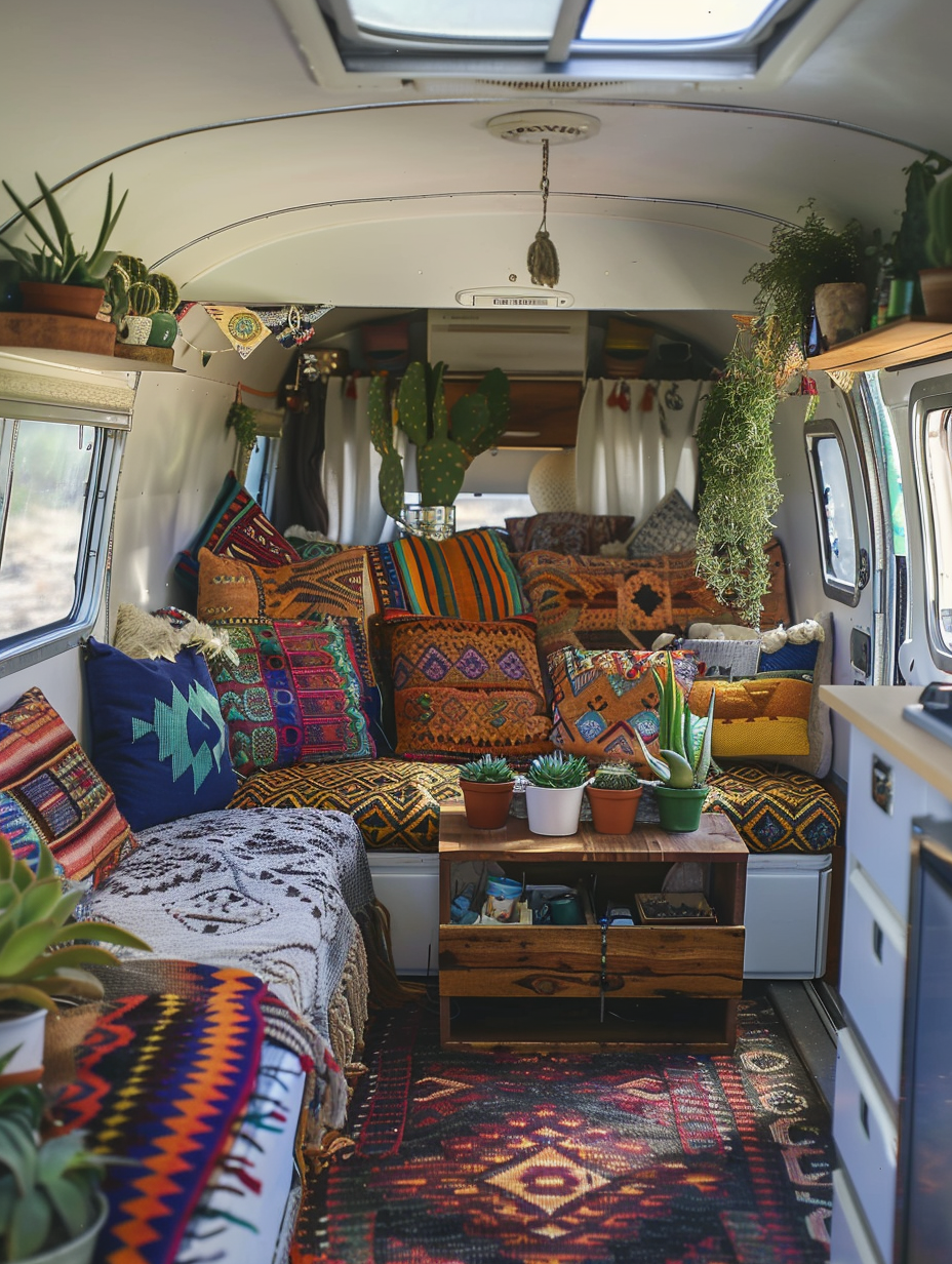 Interior scene. Small camper enhanced in boho style showcasing a vibrant pastel-colored sofa with quirky Aztec throw pillows, a compact walnut cube table invitingly adorned with an eclectic array of small succulents in rustic clay pots.