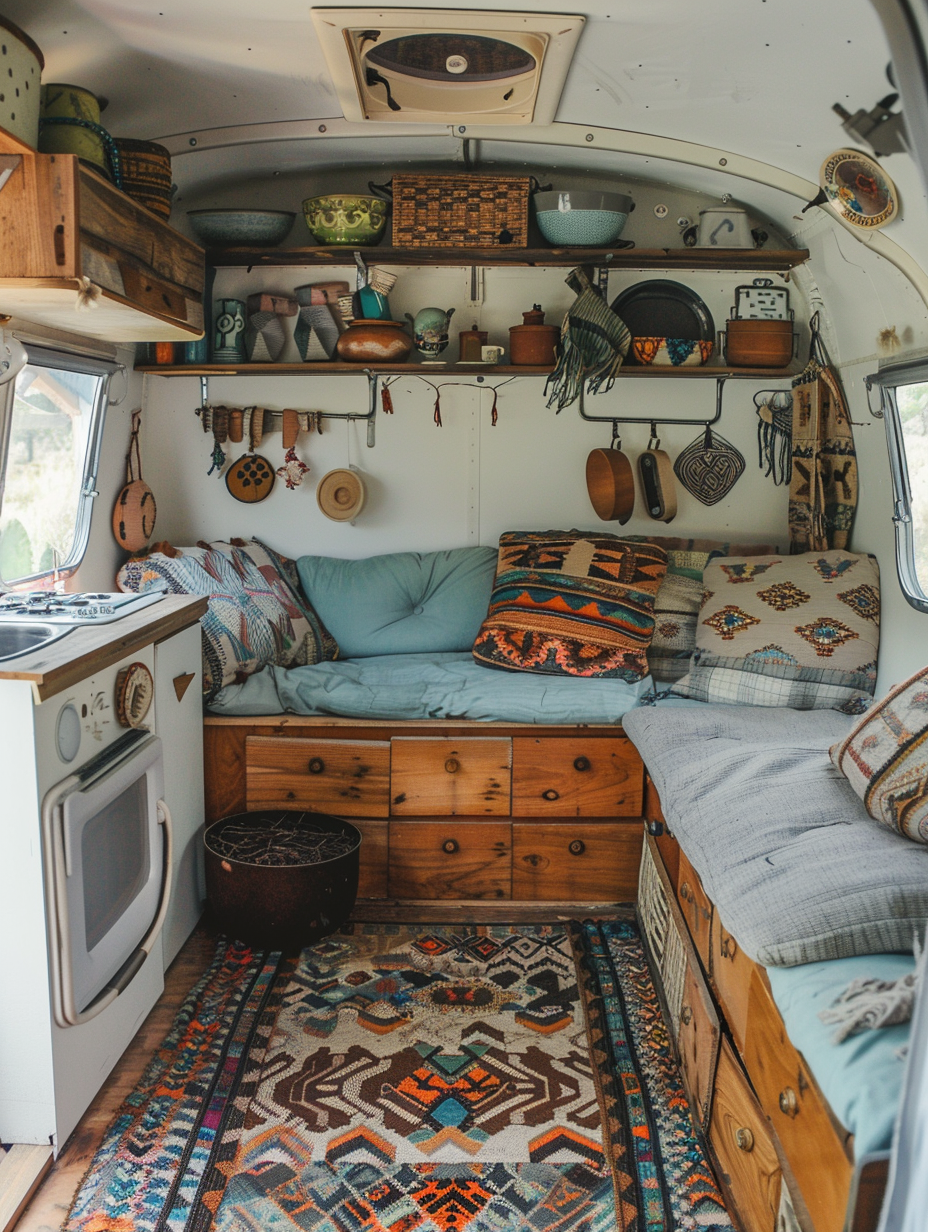 Interior view of boho designed Camper. Pastel turquoise cushions with Aztec motifs on antique-style geometric rugs around compact natural wood furniture area.