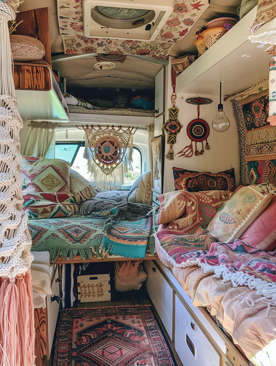 Interior view of boho Camper. Biscuit colored futon bed with azure Aztec inspired blanket and pastel pink macramé hanging on the wall.