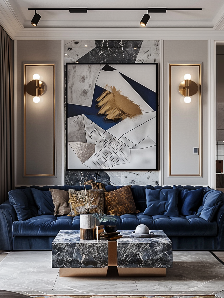 Interior design of a living room. Deep blue velvet sofa against a marbled wall, framed art with dramatic geometric patterns, stone center table with metallic legs, mounted spotlight focused on the high ceiling rendering a sunlit effect, outing lamps trimmed in gold detailing.