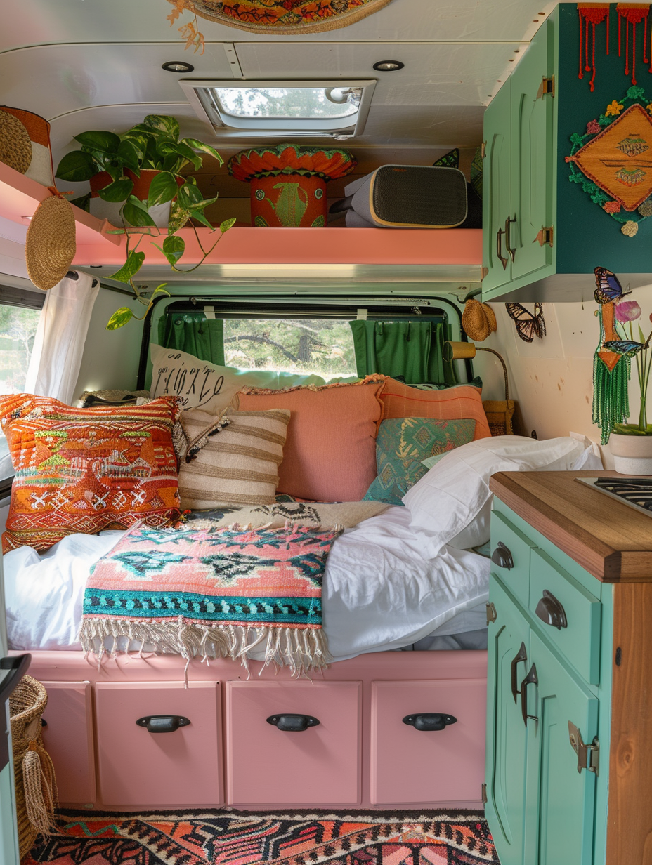 Full interior view of boho Camper. Saldana pink camping bed layout with seeking green turquoise cabinet and butterfly bush colored Aztec throw rug.