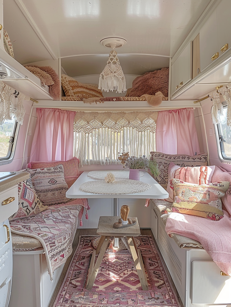 Interior view of boho designed camper. Pastel-pink upholstery set with Aztec throw pillows and a macrame wall hanging by the dining area corner.