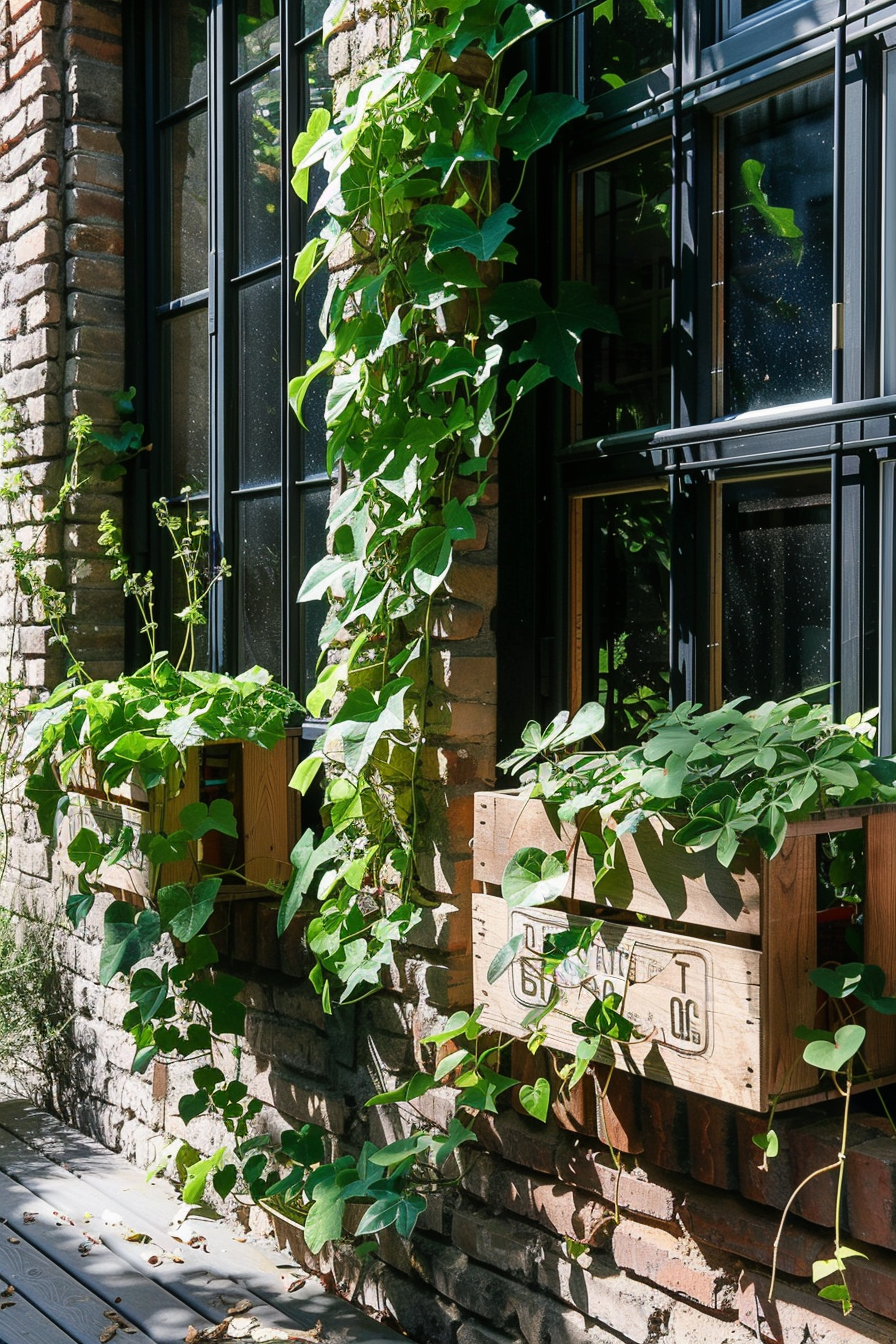 Small urban balcony. Wooden crate planters with climbing green ivy.