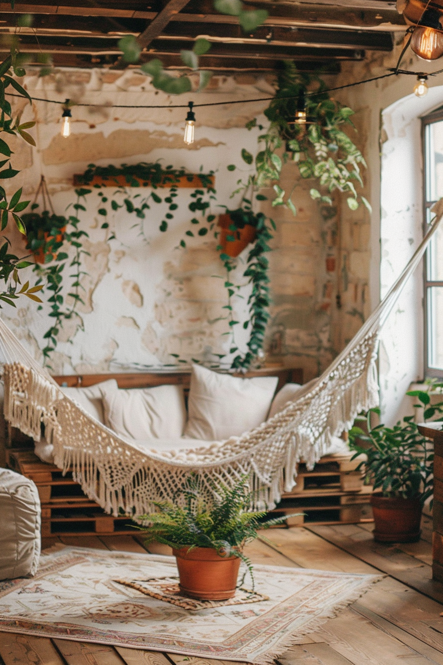 Boho-designed living room. Indoor hammock with macramé detailing, pallet coffee table with terracotta pot, grass and plants wall installation using fern and eucalyptus species.