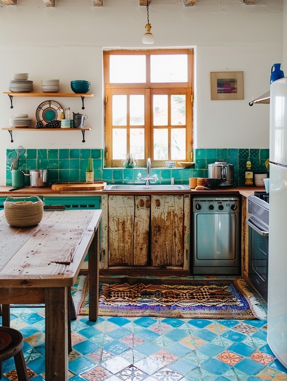 Boho kitchen. Coastal accents and teal Moroccan tiles.