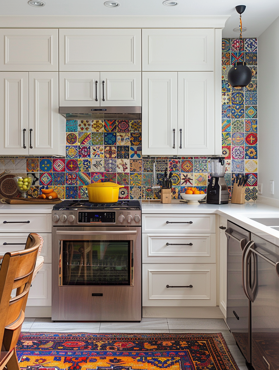 Boho kitchen. White cabinets with colorful moroccan wall tiles.