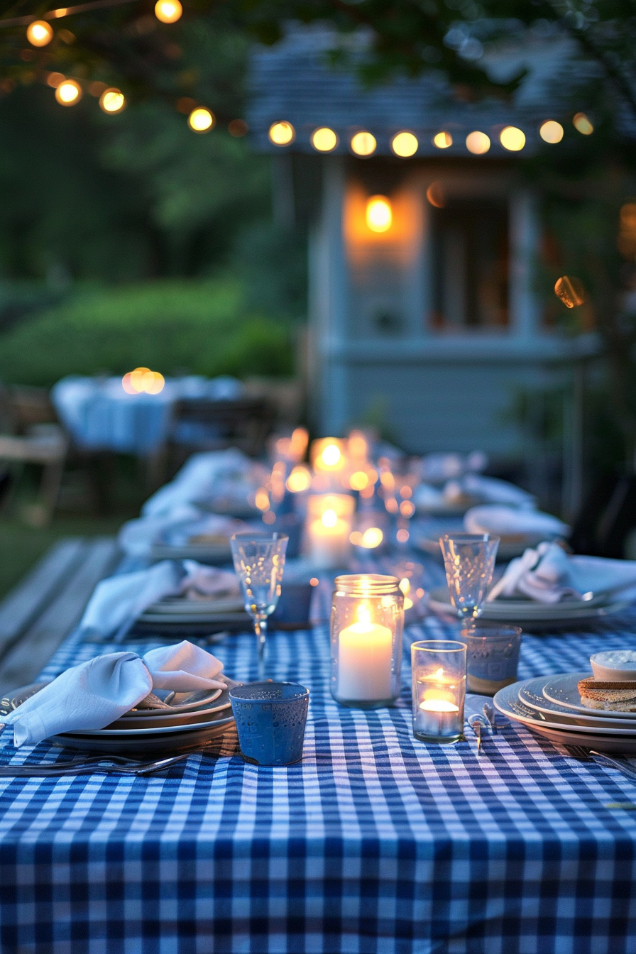 Backyard Dinner Party Table decor. Blue gingham tablecloth with white ceramic dishware and soft candlelight.