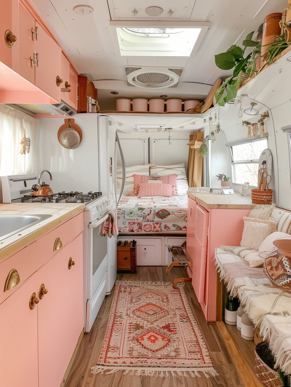 Full interior view of boho designed camper. Pastel pink kitchenette accented with nuanced Aztec-inspired container print patterns.