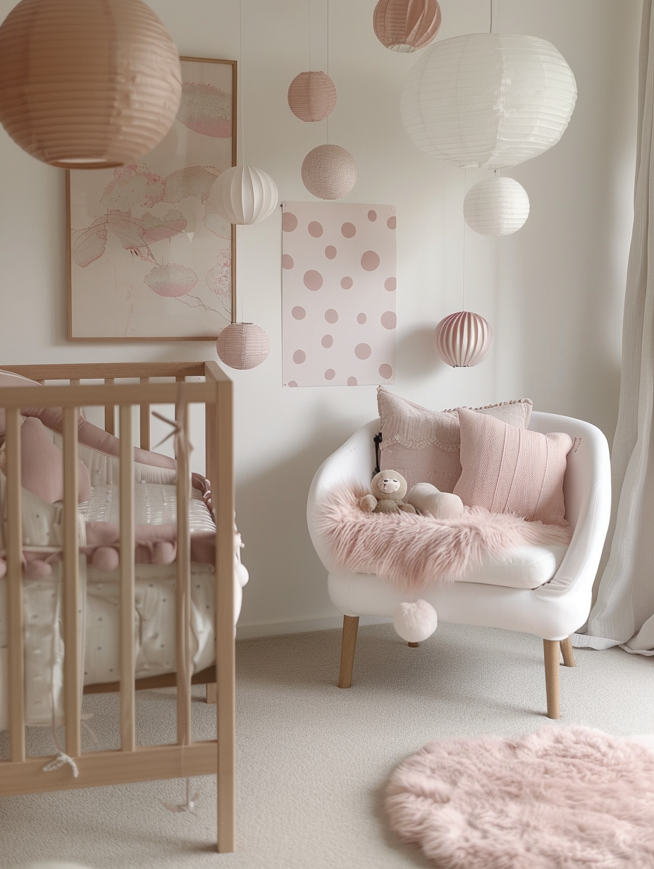 Modern Pink Nursery. Floor-to-ceiling wall with polka dot pattern 

Modern Pink Nursery. Light oak wooden cradle 

Modern Pink Nursery. Sheepskin carpet in pastel pink.

Modern Pink Nursery. Wall art with shades of blush and mauve. 

Modern Pink Nursery. Twin-sized white wooden day-bed. 

Modern Pink Nursery. Hanging paper lanterns in various shades of pink.

Modern Pink Nursery. Modern rectilinear white and grey rug.

Modern Pink Nursery. Off-white armchair with a pastel pink throw pillow.