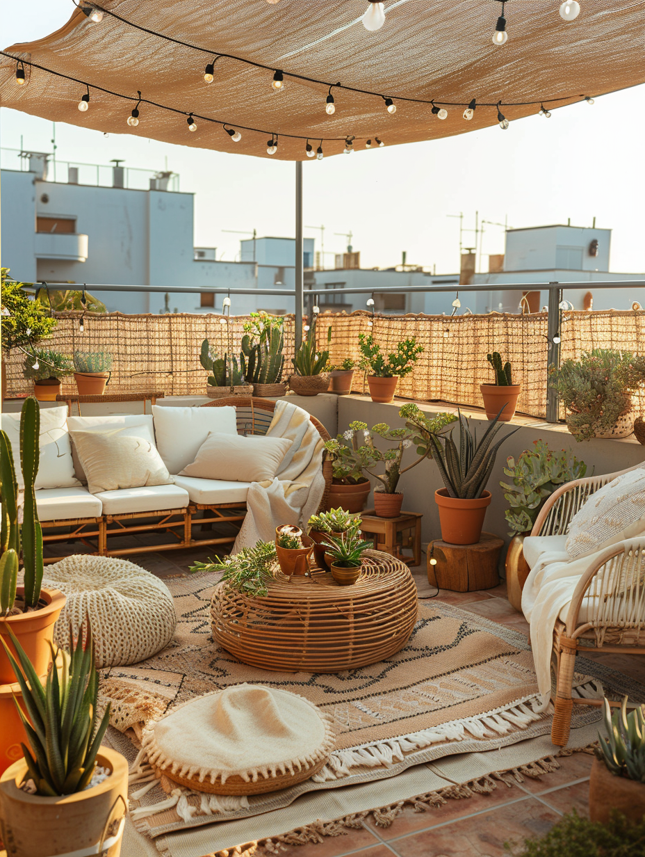 Urban Rooftop. Full view of a fenced sunlit terrace decorated with terracotta potted succulents, a spread outdoor rattan furniture, strung fairy lights, and a white cantilever parasol.