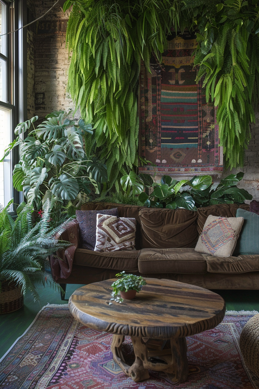 Living room design. Unique boho theme, equipped with an expansive green wall of lush grasses and aesthetic plants, soft brown velvet couch, vintage wooden coffee table, woven rattan rug, and handing macramaé tapestries adding texture to the space. Light breeze infiltrates from the large French windows, lightly rustling the indoor ferns placed in corners.