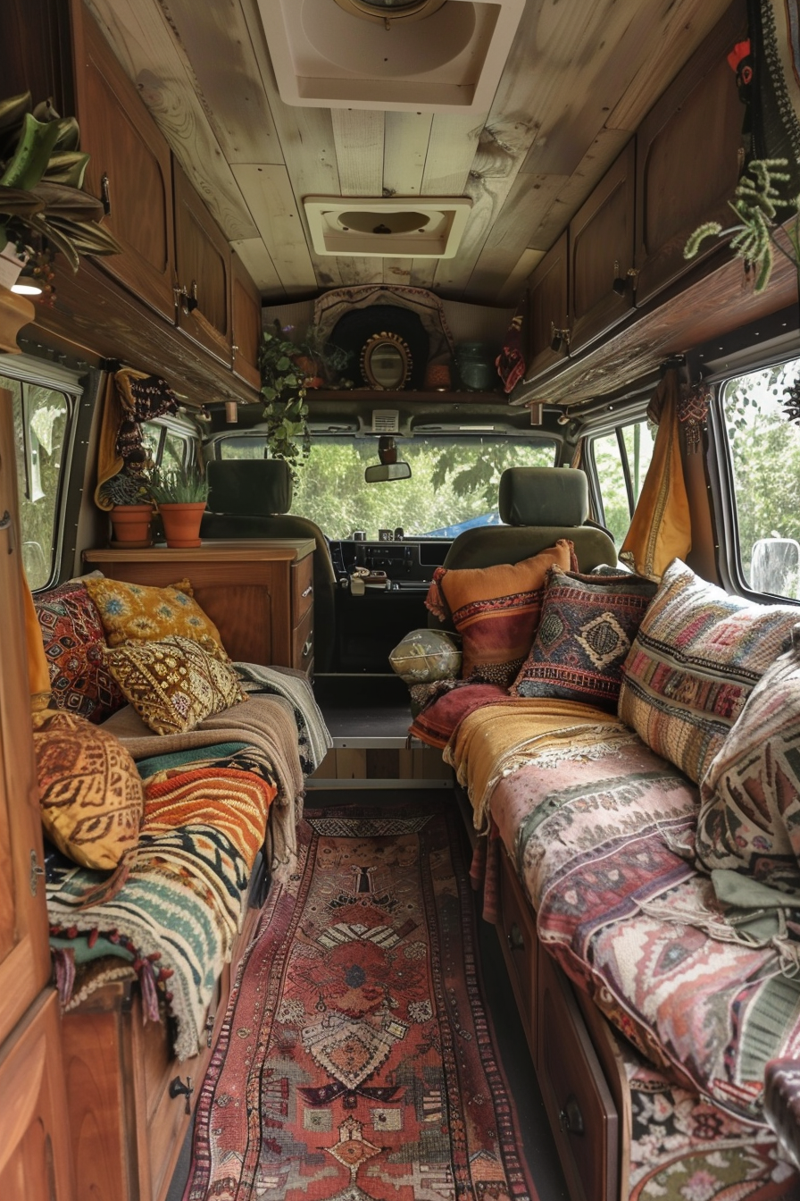 Boho Camper Sprinter Van. Teak wood interior with tapestry accents.