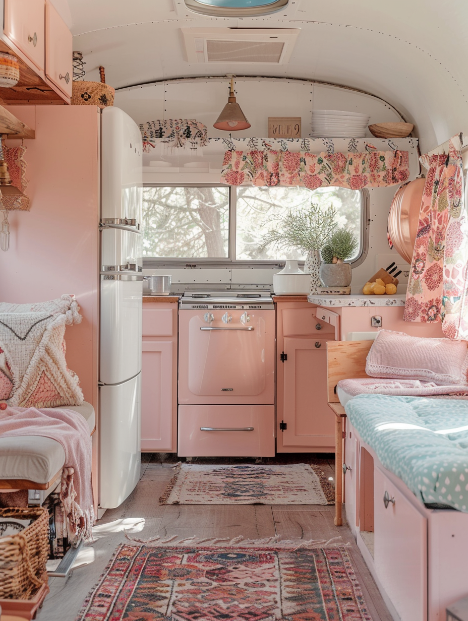 Full interior view of boho-designed camper. Pastel pink kitchenette area with Aztec-patterned curtains.