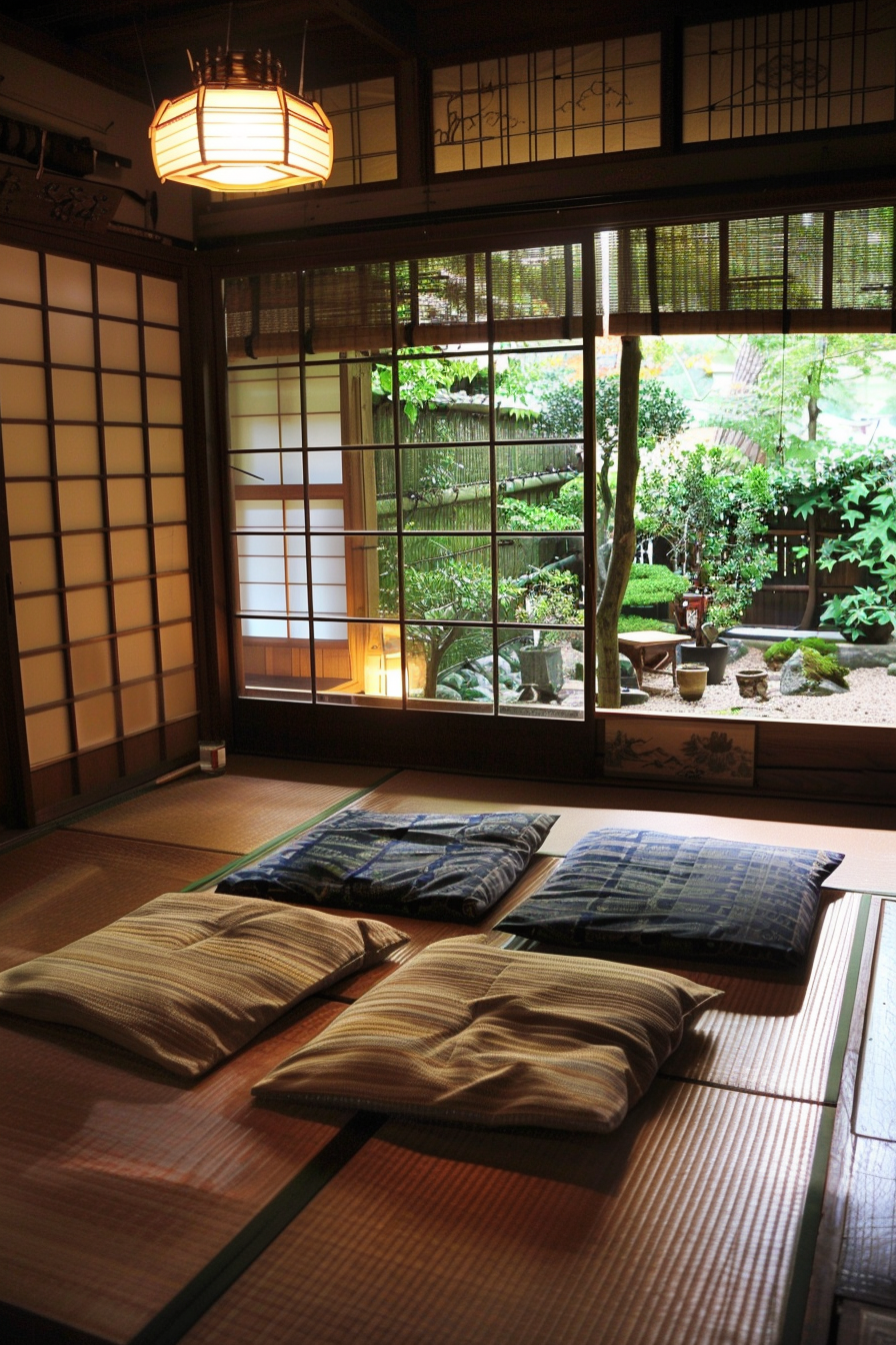 Interior of Japanese tiny house. Tatami mats and futon with washi partition screen.