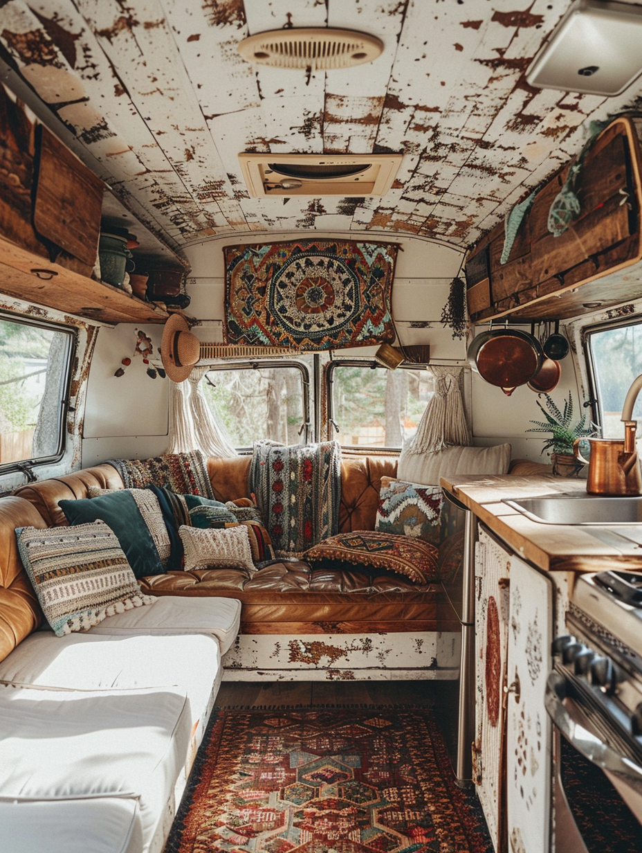 Boho-designed camper. Whitewashed timber interiors, flowing cream tapestries topping large, worn-in leather sofa with colorful mandala floor pillows, in-built rustic wooden varnished kitchenette situated alongside pastel macrame wall hangings, copper pot fancifully dangling from the ceiling over a retro gas stove, with plenty of wicker and corrugated metal accents, visibly parked amidst the tranquility of a forest clearing under a clear blue skyline.