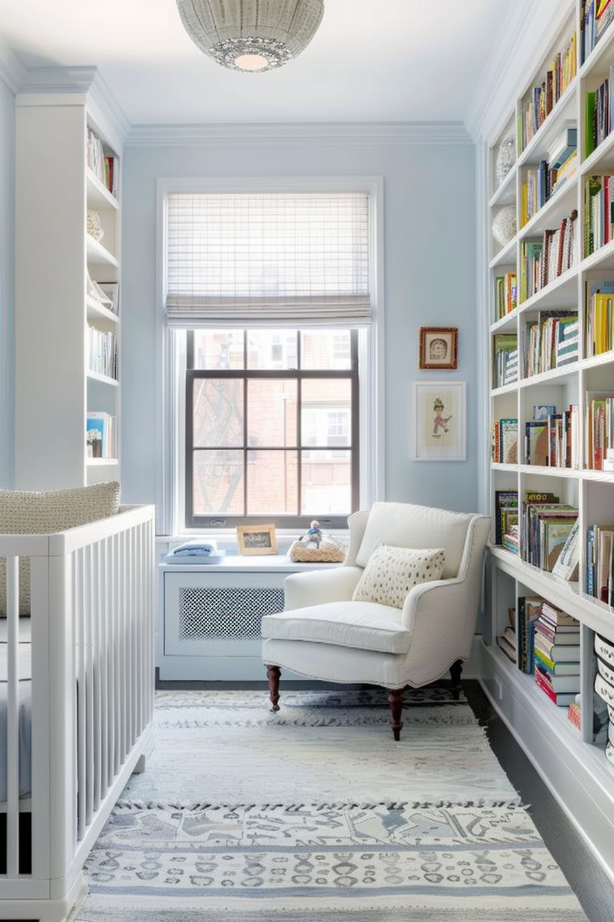 Modern baby boy nursery room. Pale blue walls with white floor-to-ceiling bookshelves.