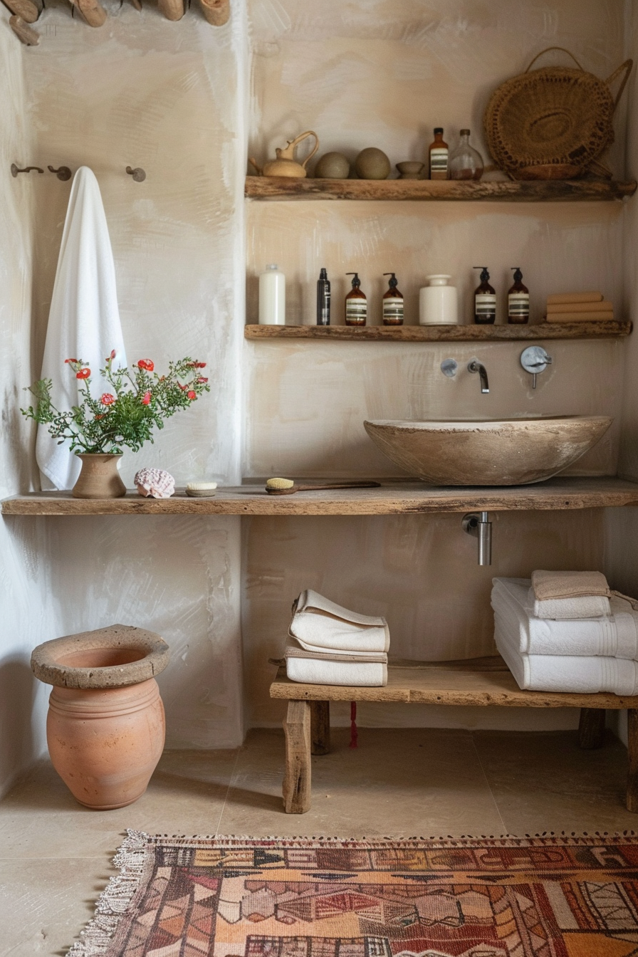 Earthy Boho Bathroom. Terra cotta freestanding tube with rustic wooden shelving.