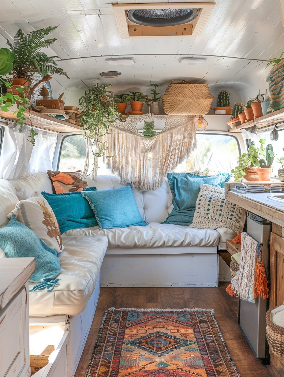 Full interior view of a boho-designed camper. Pastel blue cushions scatter across a cream leather bench seat, offset by an Aztec styled woven rug laid out in tangerine and emerald hues on the natural wood flooring. A turquoise smear pattern wall hanging blends well with the variegated macrame plant hanger, jutting out against the distressed white wood wall where functioning multipurpose baskets are hanged. On one side a modular mini kitchen donned in natural wood finish displaying versatile cookware and assortments on rustic shelves. Fragments of palm motif proposes an air of essence against the camper’s chambray curtains on point spacing of two feet.